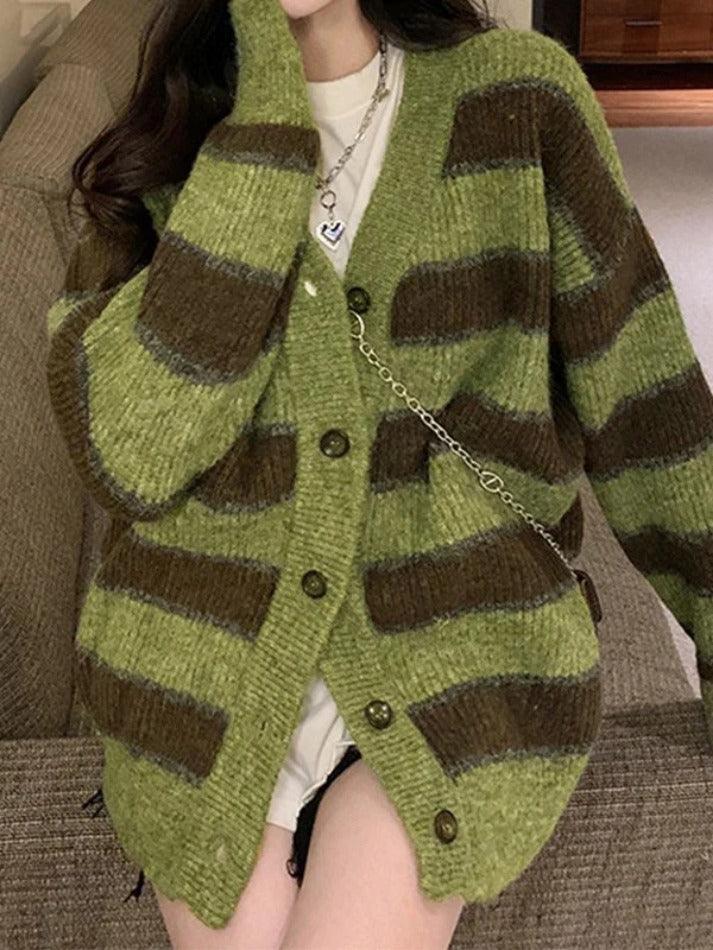 Button front striped knit cardigan