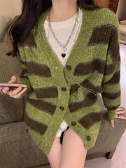 Button front striped knit cardigan