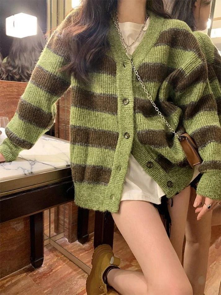 Button front striped knit cardigan