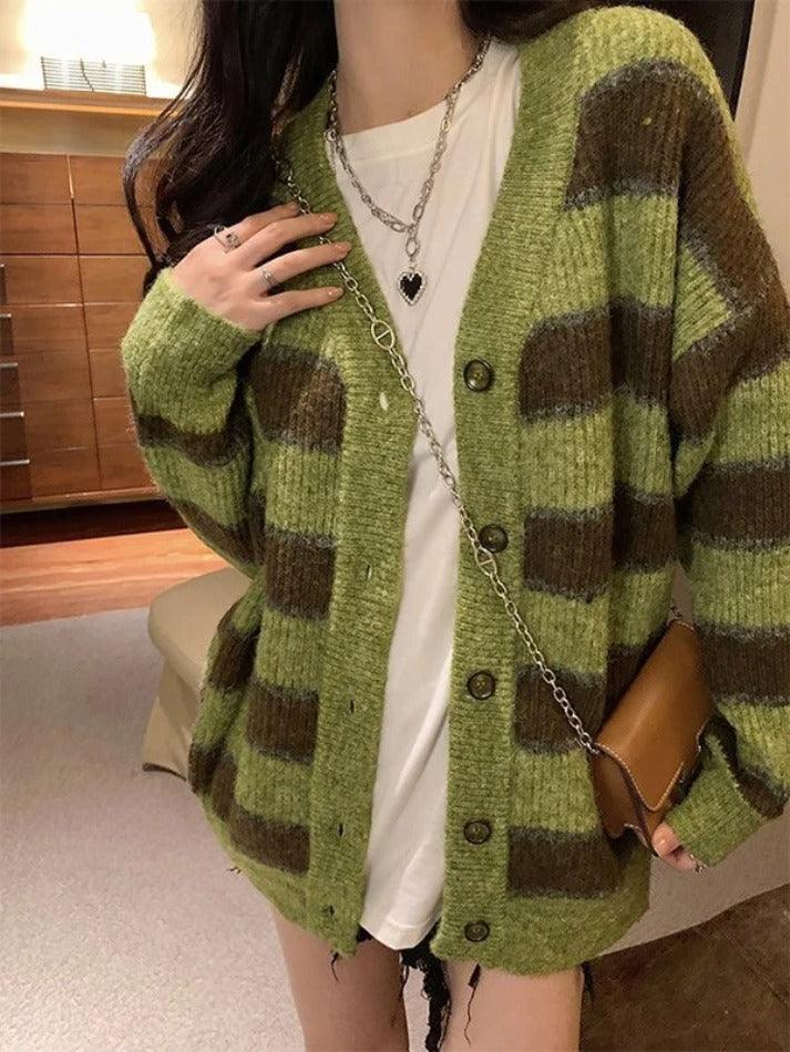 Button front striped knit cardigan