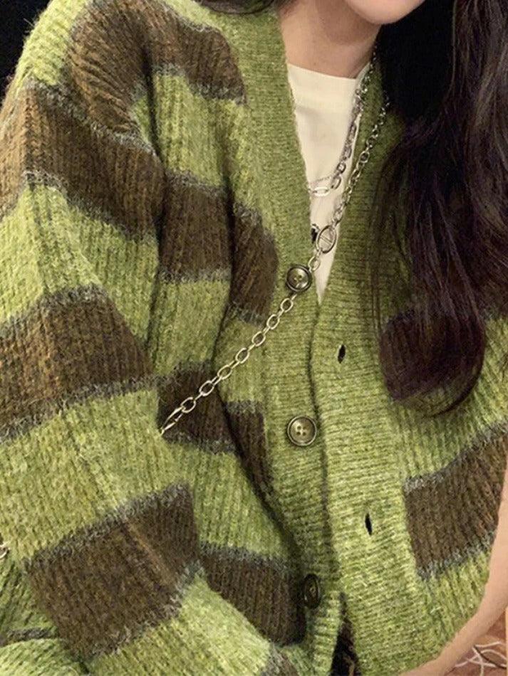 Button front striped knit cardigan