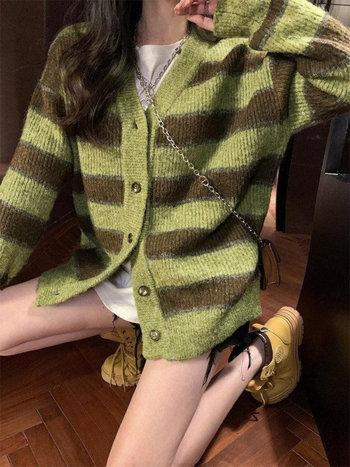 Button front striped knit cardigan