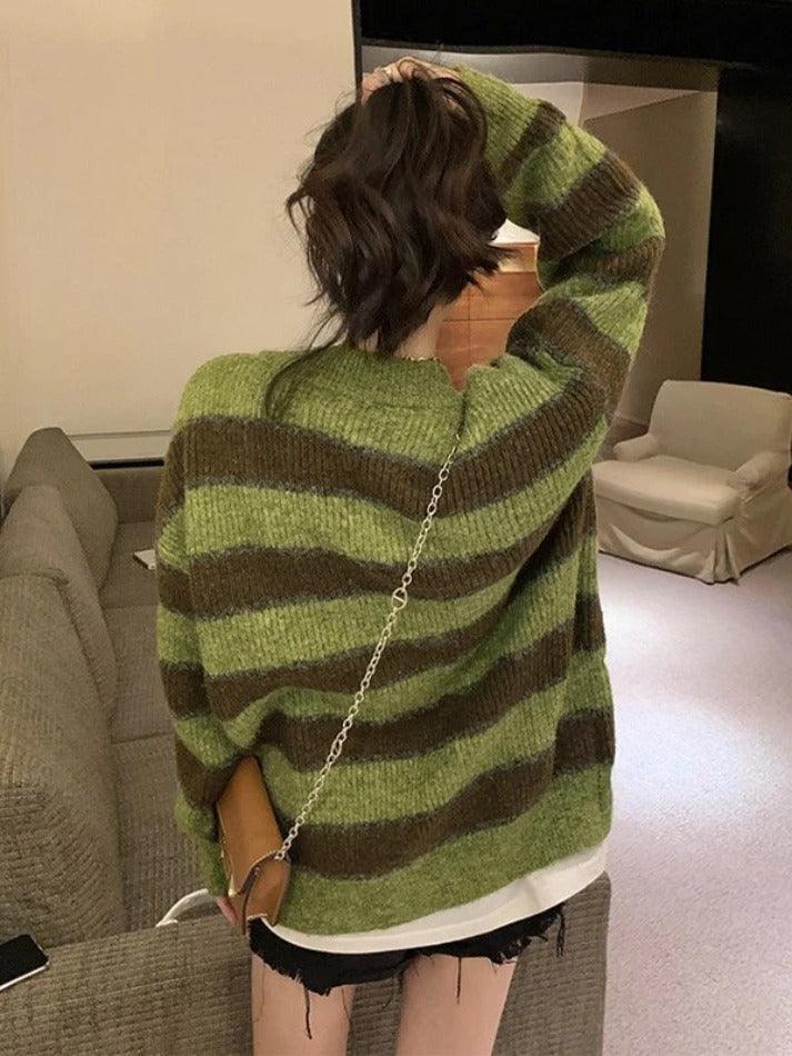 Button front striped knit cardigan