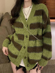 Button front striped knit cardigan