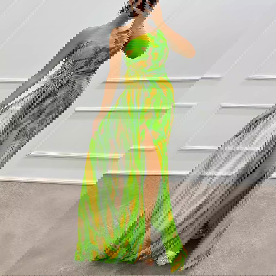Chiffon Floral Print Slit Dress Casual Party Long Dress
