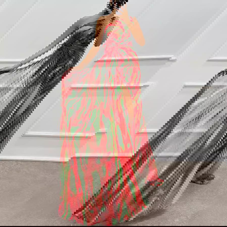 Chiffon Floral Print Slit Dress Casual Party Long Dress