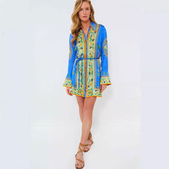 Collared Tied Waist Positioning Print Holiday Long Sleeve
