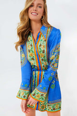 Collared Tied Waist Positioning Print Holiday Long Sleeve