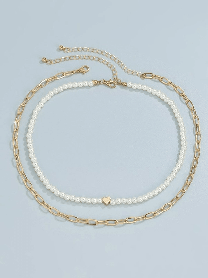 2 Piece Heart Shaped Faux Pearl Necklace