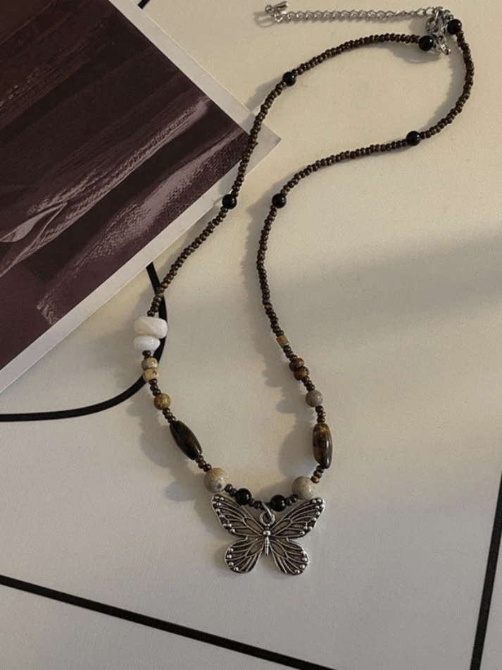 Vintage Bead Stone Butterfly Necklace