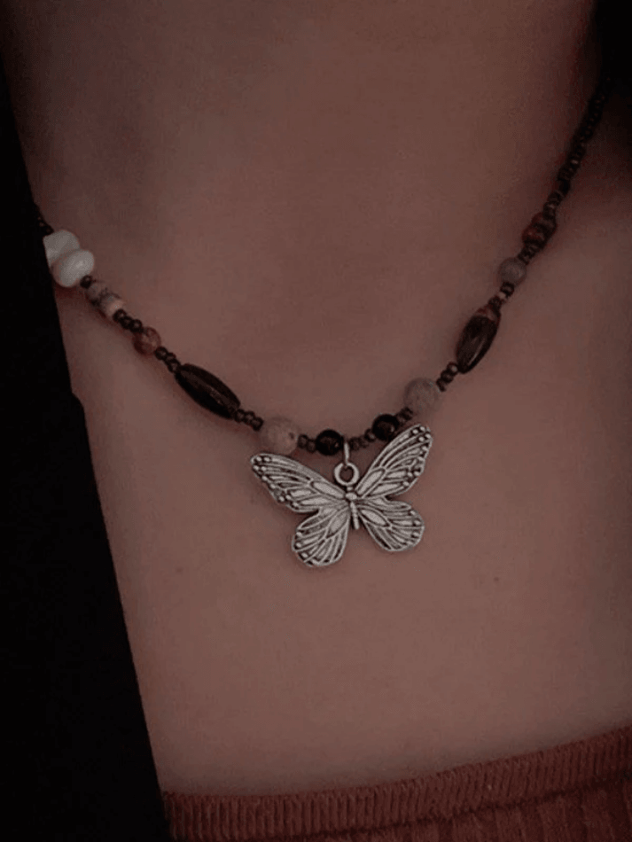 Vintage Bead Stone Butterfly Necklace