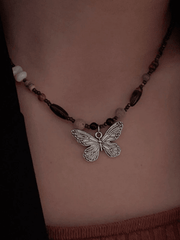 Vintage Bead Stone Butterfly Necklace
