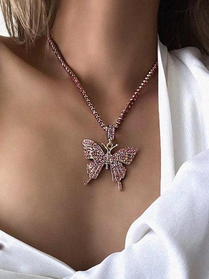 Shiny Rhinestone Butterfly Pendant Necklace