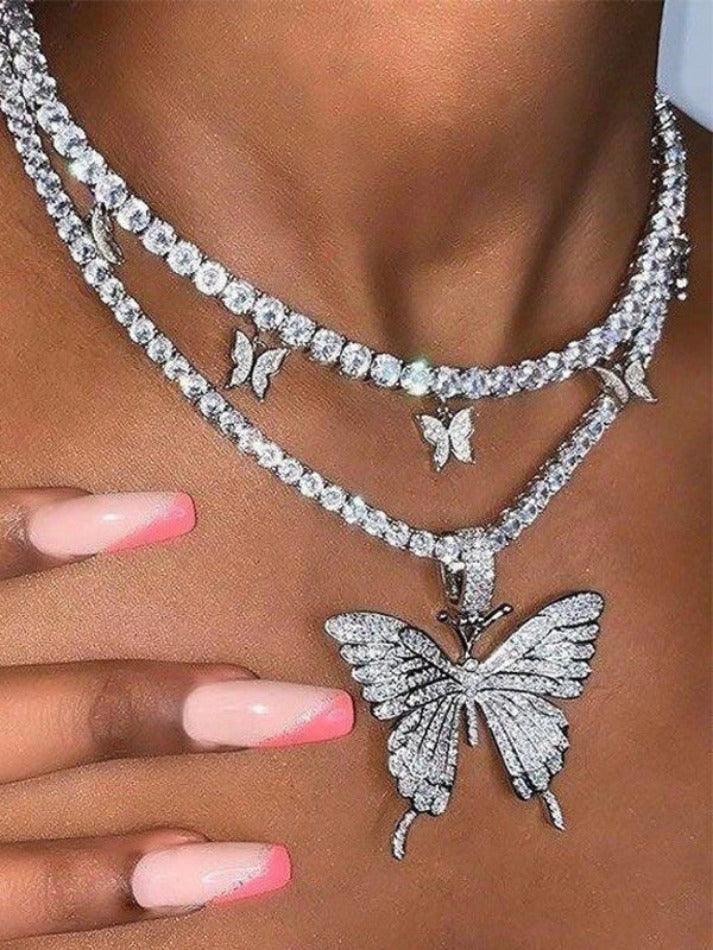 Shiny Rhinestone Butterfly Pendant Necklace
