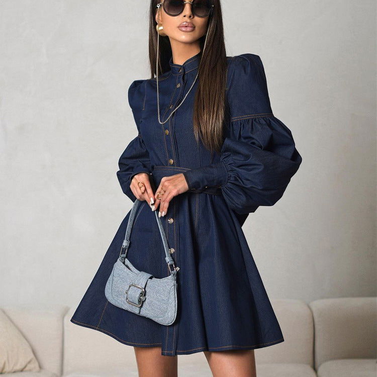 Denim Shirt Dress Niche Design Lantern Sleeve Lace up GracefulDress