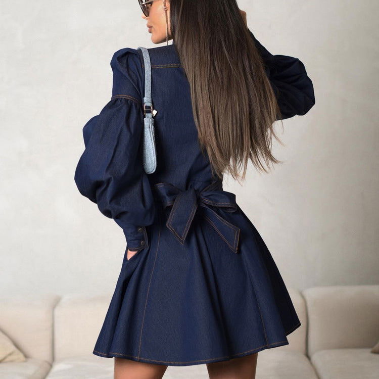 Denim Shirt Dress Niche Design Lantern Sleeve Lace up GracefulDress