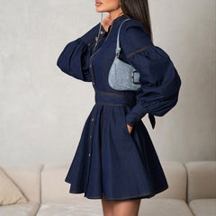 Denim Shirt Dress Niche Design Lantern Sleeve Lace up GracefulDress