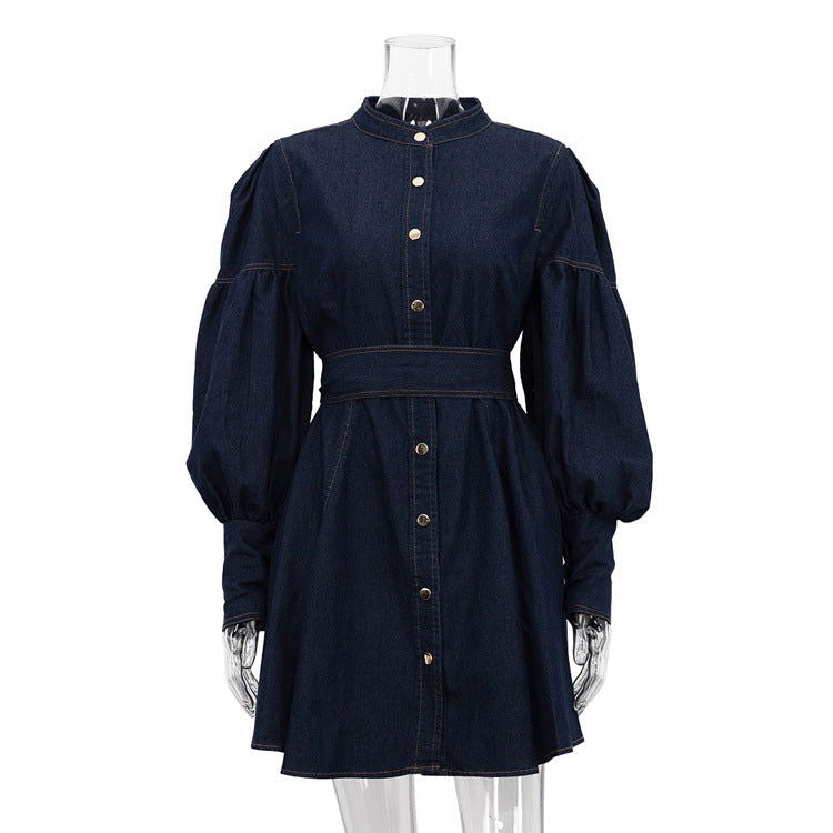 Denim Shirt Dress Niche Design Lantern Sleeve Lace up GracefulDress