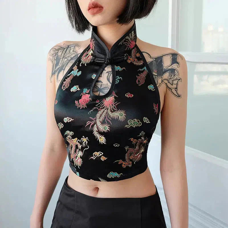 Rückenfreies Crop-Top mit Drachen-Print