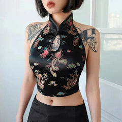 Rückenfreies Crop-Top mit Drachen-Print