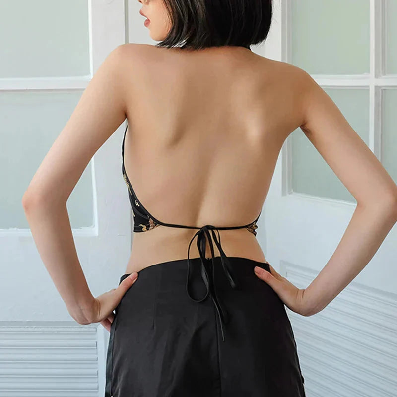 Rückenfreies Crop-Top mit Drachen-Print