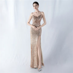 Dress Encryption Sequin Craft Beaded Sling High Fork Evening Dress