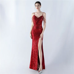 Dress Encryption Sequin Craft Beaded Sling High Fork Evening Dress