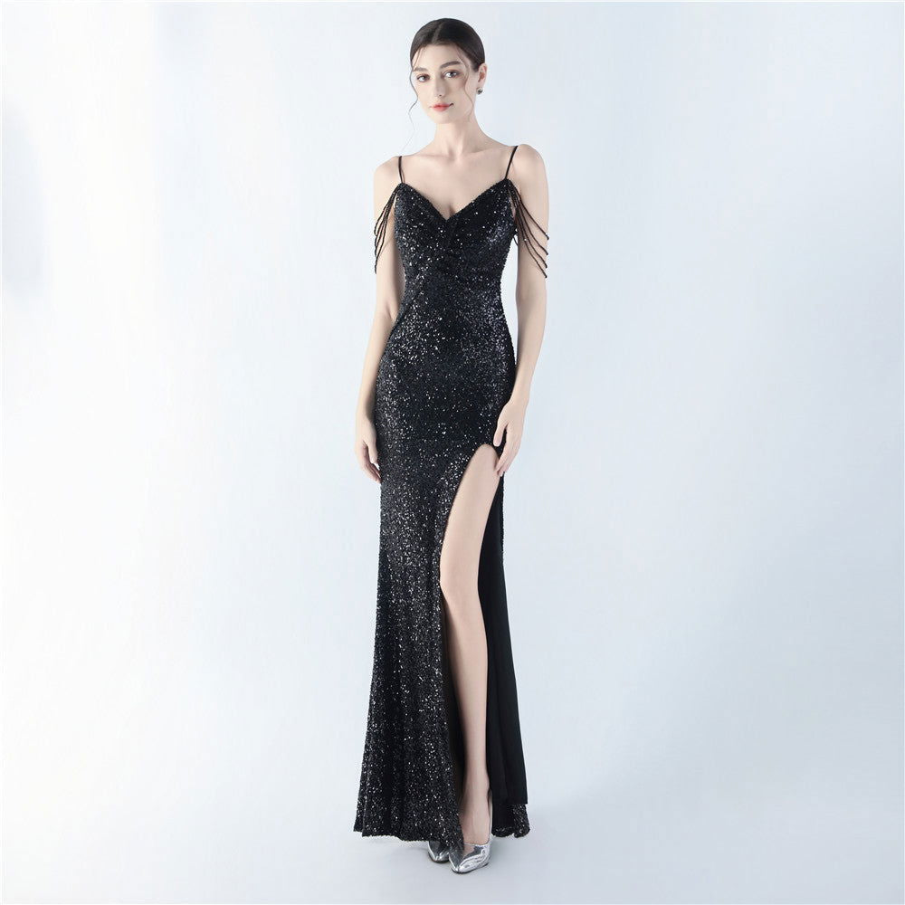 Dress Encryption Sequin Craft Beaded Sling High Fork Evening Dress