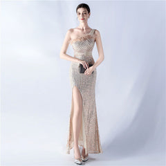 Dress Heavy Industry Beads Single Shoulder Diagonal Collar High Fork Sequined Dinner Dress