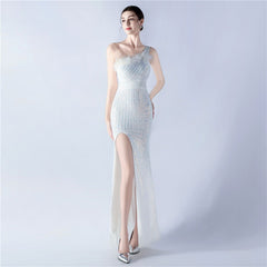 Dress Heavy Industry Beads Single Shoulder Diagonal Collar High Fork Sequined Dinner Dress