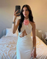 Dress Floral Stitched Backless Halter Strap Hip