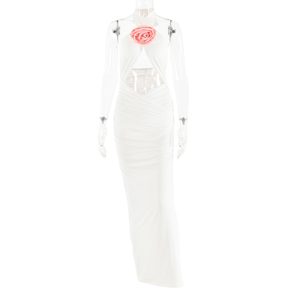 Dress Floral Stitched Backless Halter Strap Hip