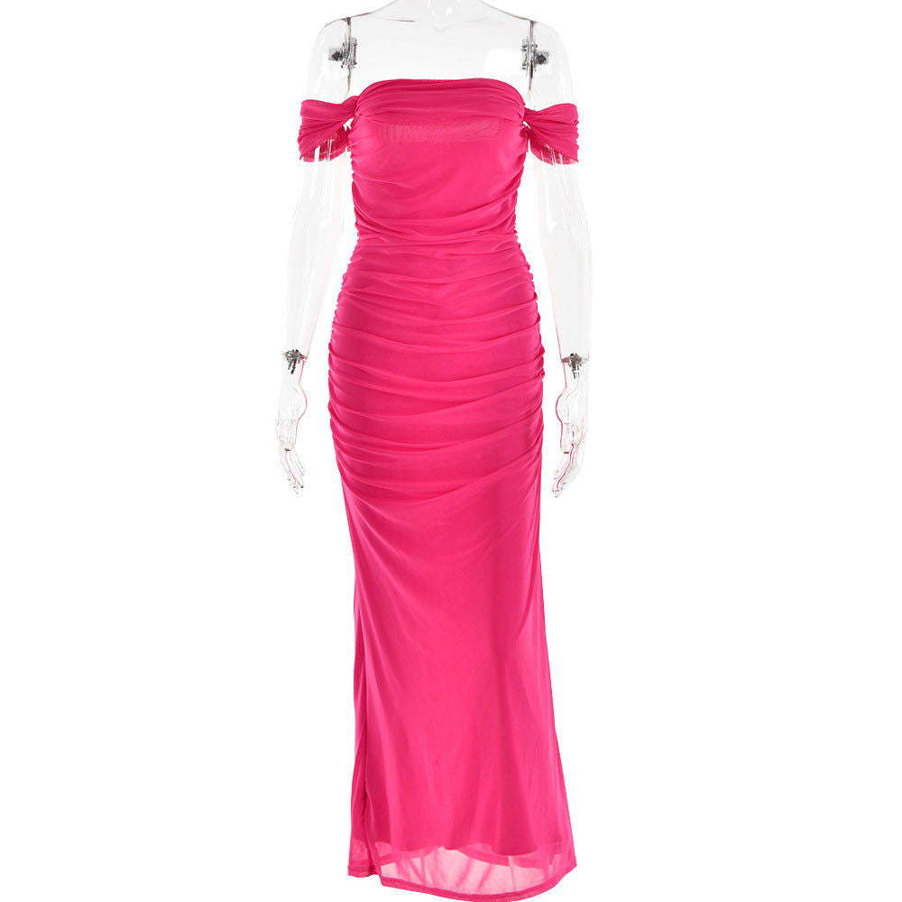 Dress Slim Fit Backless off-Neck Mesh Stitching Hip Dress