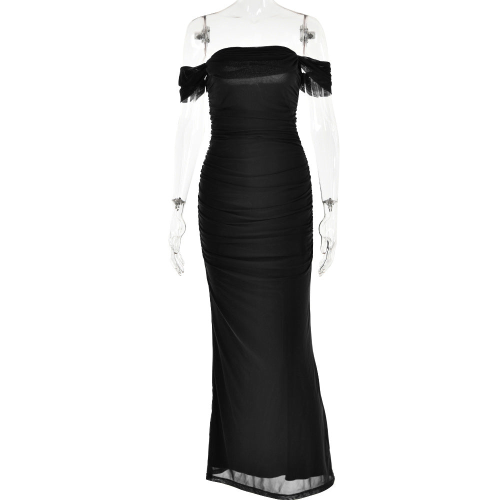 Dress Slim Fit Backless off-Neck Mesh Stitching Hip Dress