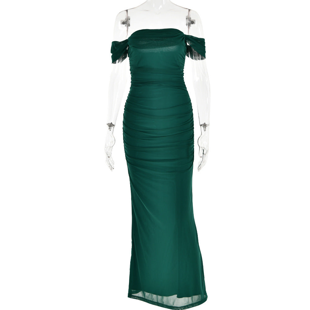 Dress Slim Fit Backless off-Neck Mesh Stitching Hip Dress