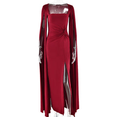Dress Square Collar Mop Long Sleeve High Slit Solid Color Dress