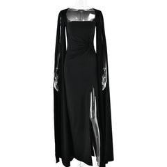 Dress Square Collar Mop Long Sleeve High Slit Solid Color Dress