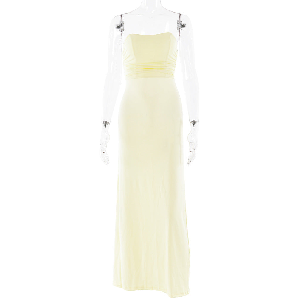 Dress Tube Top Backless Lace up Pleated Dress Slim Fit Dress