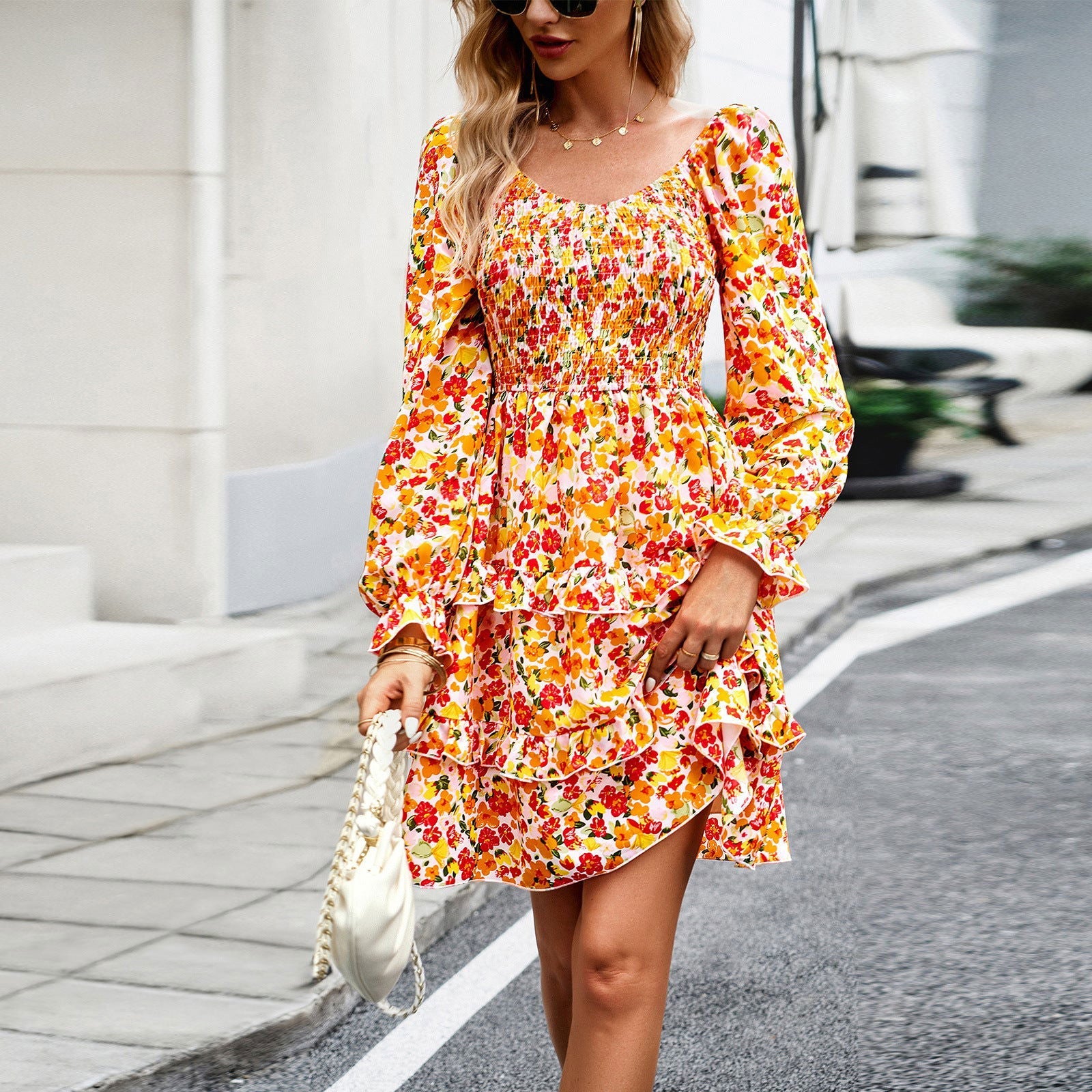 Dress Vacation Casual Floral V neck Long Sleeve