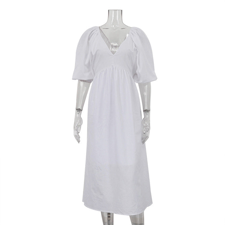 Early Cotton Solid Color Maxi Dress V neck Half Sleeve Hollow Out Cutout Backless Casual Dress