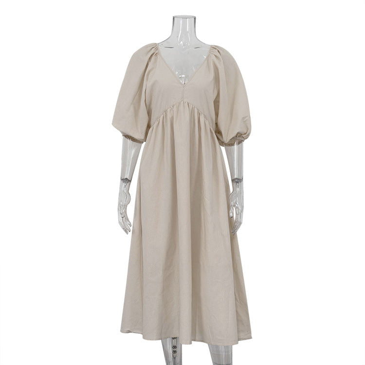 Early Cotton Solid Color Maxi Dress V neck Half Sleeve Hollow Out Cutout Backless Casual Dress