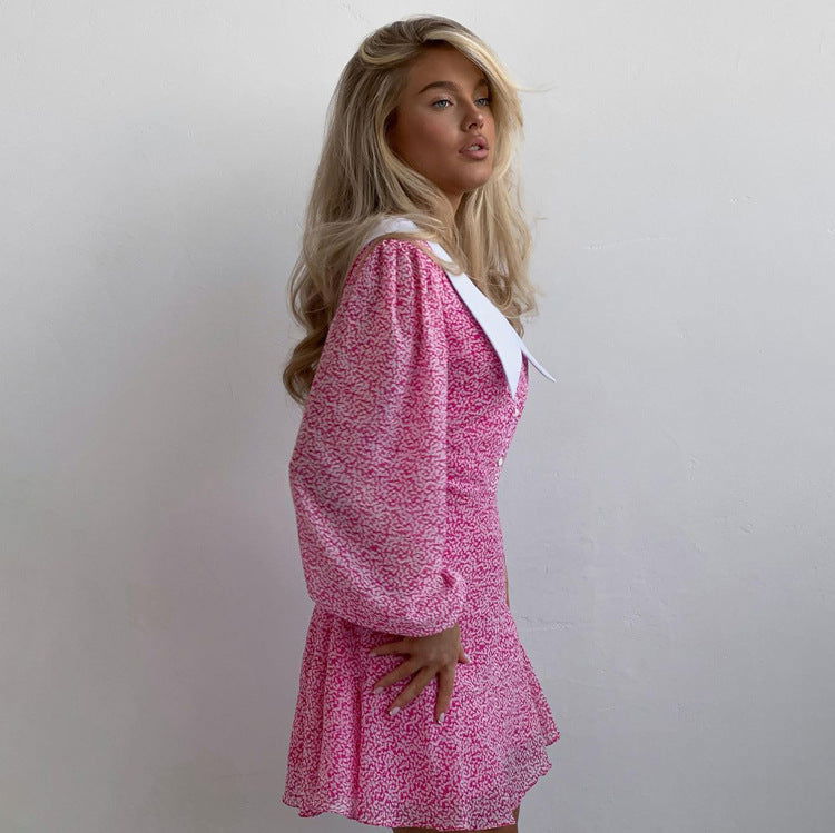 Early Doll Collar Slimming Long Sleeves A line Dress GracefulPrinted Dress