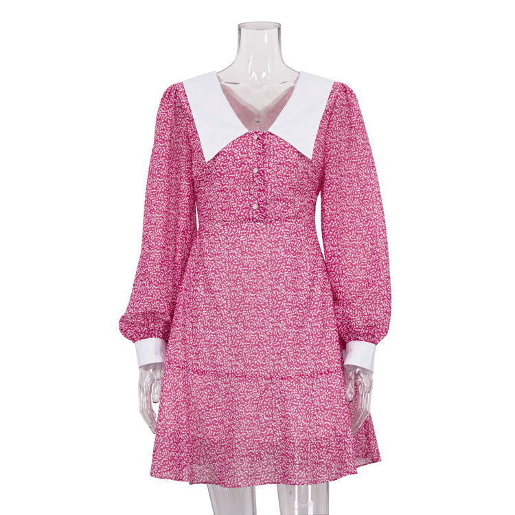 Early Doll Collar Slimming Long Sleeves A line Dress GracefulPrinted Dress