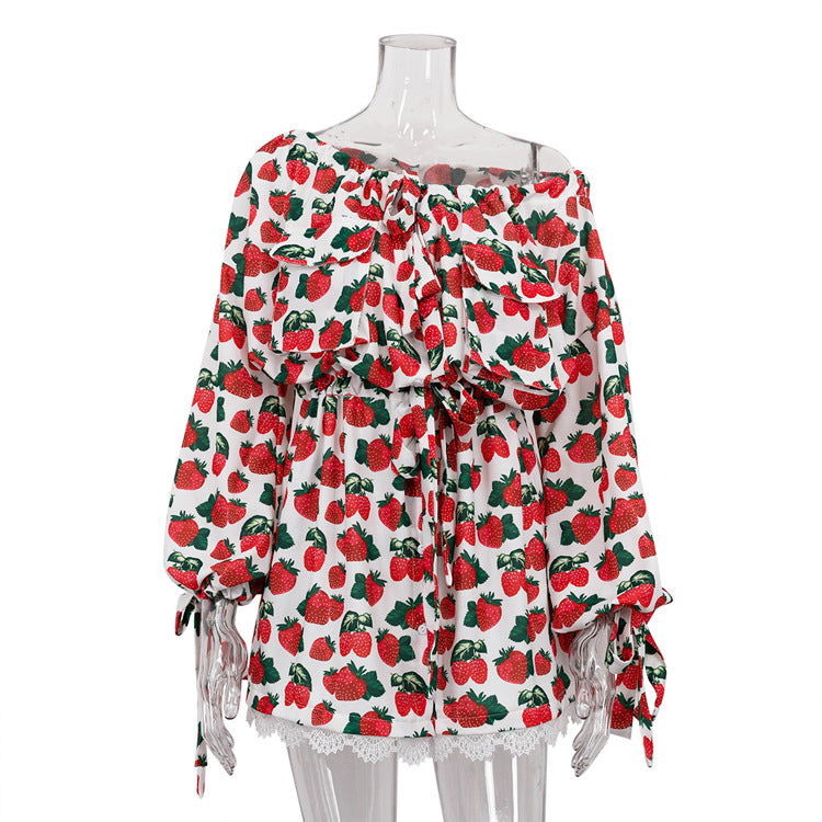 Early Strawberry Printed Dress Waist Trimming Shoulder Long Sleeve A line Dress