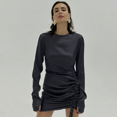 Early Long Sleeved Gloves Drawstring Satin Drape Dress Hip Dress
