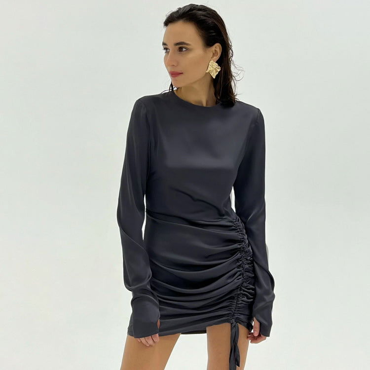 Early Long Sleeved Gloves Drawstring Satin Drape Dress Hip Dress