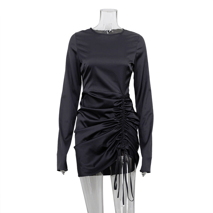 Early Long Sleeved Gloves Drawstring Satin Drape Dress Hip Dress