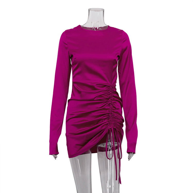 Early Long Sleeved Gloves Drawstring Satin Drape Dress Hip Dress