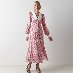 Early Dignified Sense of Design Printed Maxi Dress Doll Collar Waist Slimming Long Sleeve Dress
