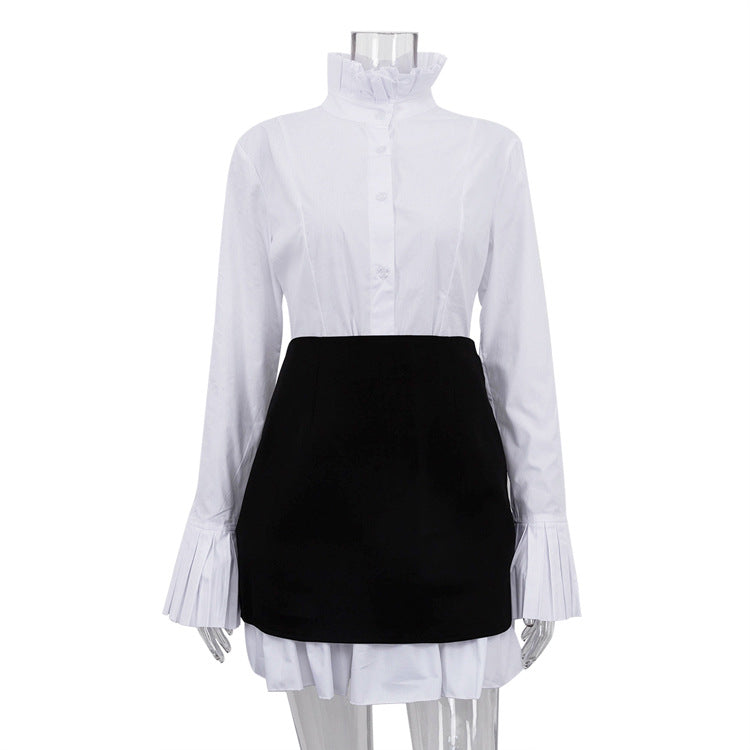 Early French Design StUp Collar Flared Sleeves Detachable Girdle Elegant